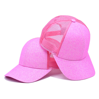 Fernlastfahrer-Kappen-Polyester-Funkeln-Front Panels Precurved Bill Pink-Fernlastfahrer-Hut 100% BSCI erwachsener