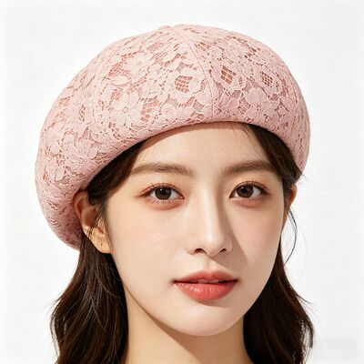 Vintage Pink Lace Beret Blumenmuster Atmung Beret Kappe mit und Elegante tägliche & Party Kopfbedeckung
