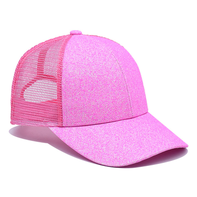 Fernlastfahrer-Kappen-Polyester-Funkeln-Front Panels Precurved Bill Pink-Fernlastfahrer-Hut 100% BSCI erwachsener