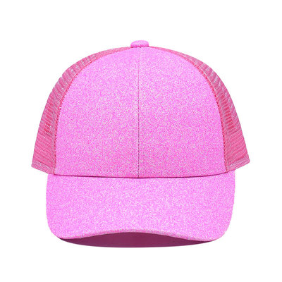Fernlastfahrer-Kappen-Polyester-Funkeln-Front Panels Precurved Bill Pink-Fernlastfahrer-Hut 100% BSCI erwachsener