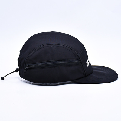 Hochwertige unstrukturierte 5 Panel Camper Hut Custom Schwarz Druck Nylon Laufmütze mit dekorativen Taschen