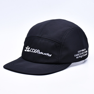 Hochwertige unstrukturierte 5 Panel Camper Hut Custom Schwarz Druck Nylon Laufmütze mit dekorativen Taschen