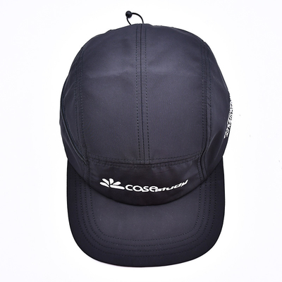 Hochwertige unstrukturierte 5 Panel Camper Hut Custom Schwarz Druck Nylon Laufmütze mit dekorativen Taschen