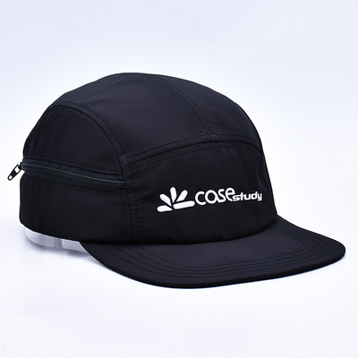 Hochwertige unstrukturierte 5 Panel Camper Hut Custom Schwarz Druck Nylon Laufmütze mit dekorativen Taschen