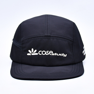 Hochwertige unstrukturierte 5 Panel Camper Hut Custom Schwarz Druck Nylon Laufmütze mit dekorativen Taschen