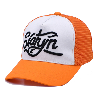 Unisex 5 Panel Trucker Cap Custom 3d Broderierte geschwungene Rand Satin ausgekleidet Orange Mesh Rücken Hüte