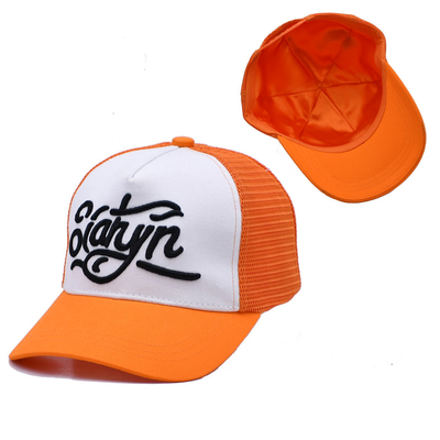 Unisex 5 Panel Trucker Cap Custom 3d Broderierte geschwungene Rand Satin ausgekleidet Orange Mesh Rücken Hüte
