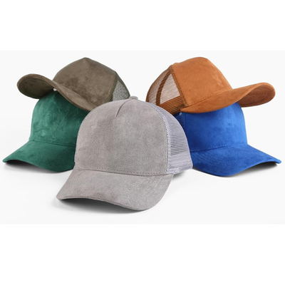 Atemberaubende Plain Suede Mesh Rücken Baseballkappen Frauen Trendy 5 Panel Trucker Hut