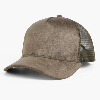 Atemberaubende Plain Suede Mesh Rücken Baseballkappen Frauen Trendy 5 Panel Trucker Hut