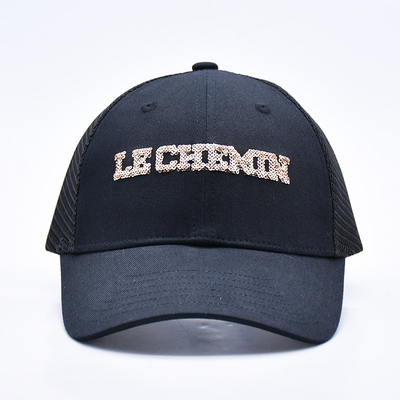 Schwarz 6 Panels Mesh Trucker Hut Glitter Trucker Kappe Hochwertige Mode Sequins Stickerei Trucker Hüte