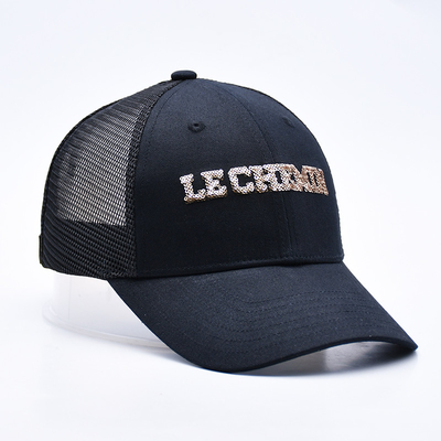 Schwarz 6 Panels Mesh Trucker Hut Glitter Trucker Kappe Hochwertige Mode Sequins Stickerei Trucker Hüte