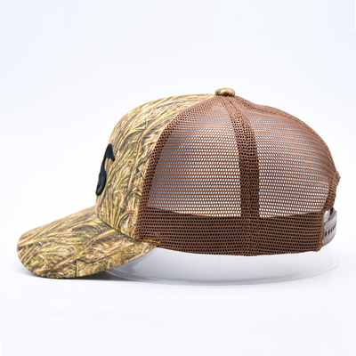 Fashion Design geschwungener Rand Sport 6 Panel Trucker Mesh Hut Custom 3d Stickerei Camo Trucker Kappe