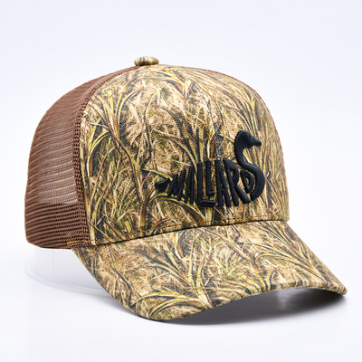 Fashion Design geschwungener Rand Sport 6 Panel Trucker Mesh Hut Custom 3d Stickerei Camo Trucker Kappe