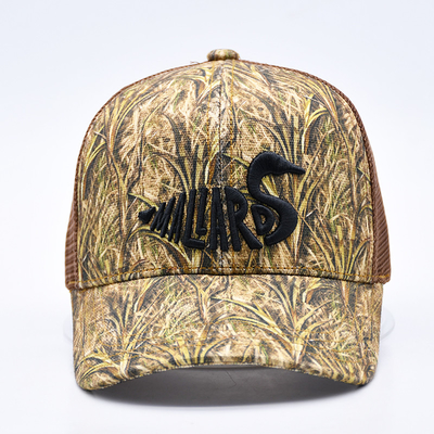 Fashion Design geschwungener Rand Sport 6 Panel Trucker Mesh Hut Custom 3d Stickerei Camo Trucker Kappe