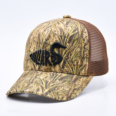Fashion Design geschwungener Rand Sport 6 Panel Trucker Mesh Hut Custom 3d Stickerei Camo Trucker Kappe