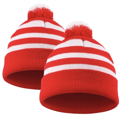 Halloween Beanie Rot und Weiß gestreifter Hut gestrickte Pom Pom Manschettenkappe für Frauen Männer Weihnachtsfeier Accessoires