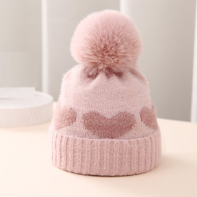 2024 Neuer Herbst-Winter Baby Strickhut Mädchen Acryl-Bilayer Warmer Kleinkind Beanie Süßes Herz Neugeborenes Hut