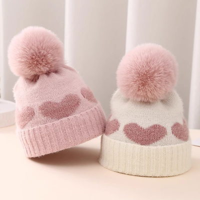 2024 Neuer Herbst-Winter Baby Strickhut Mädchen Acryl-Bilayer Warmer Kleinkind Beanie Süßes Herz Neugeborenes Hut
