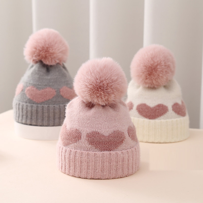 2024 Neuer Herbst-Winter Baby Strickhut Mädchen Acryl-Bilayer Warmer Kleinkind Beanie Süßes Herz Neugeborenes Hut