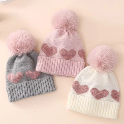 2024 Neuer Herbst-Winter Baby Strickhut Mädchen Acryl-Bilayer Warmer Kleinkind Beanie Süßes Herz Neugeborenes Hut