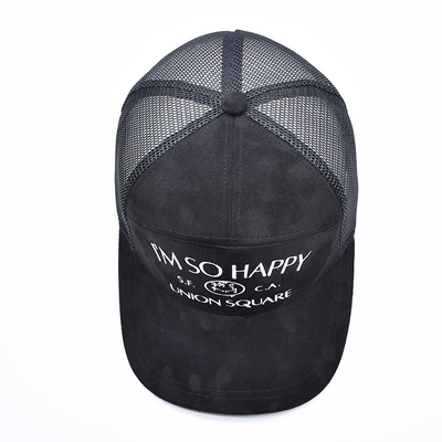 7 Panel Schwarz Suede Panel Trucker Hüte Hochwertige Mesh Kappe Custom Rand Stickerei Samt Trucker Hüte