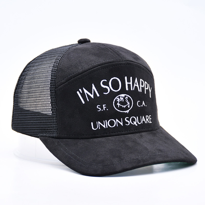 7 Panel Schwarz Suede Panel Trucker Hüte Hochwertige Mesh Kappe Custom Rand Stickerei Samt Trucker Hüte