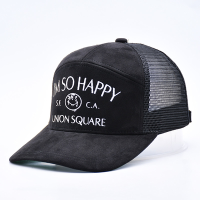 7 Panel Schwarz Suede Panel Trucker Hüte Hochwertige Mesh Kappe Custom Rand Stickerei Samt Trucker Hüte
