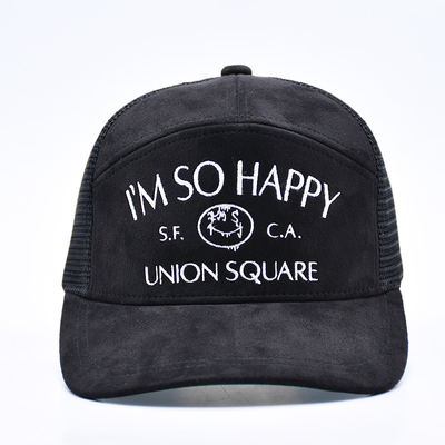 7 Panel Schwarz Suede Panel Trucker Hüte Hochwertige Mesh Kappe Custom Rand Stickerei Samt Trucker Hüte