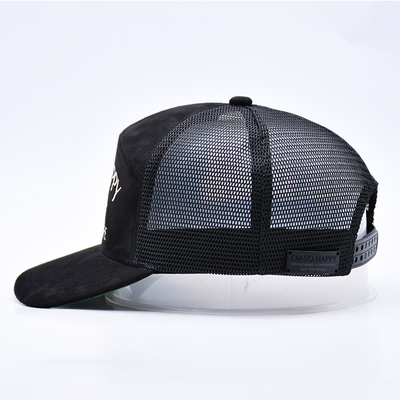7 Panel Schwarz Suede Panel Trucker Hüte Hochwertige Mesh Kappe Custom Rand Stickerei Samt Trucker Hüte