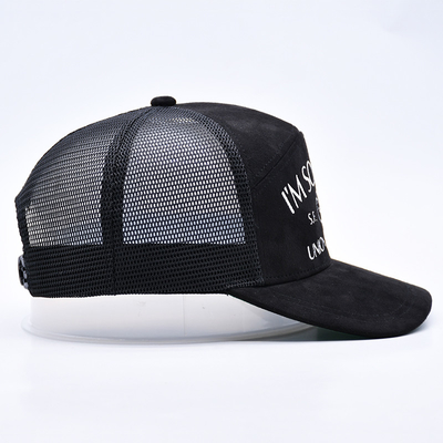 7 Panel Schwarz Suede Panel Trucker Hüte Hochwertige Mesh Kappe Custom Rand Stickerei Samt Trucker Hüte