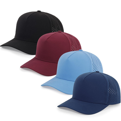 Großhandel 5 Panel Blaue Baseballkappe Custom Laser-Schnitt Loch Gorras Golf wasserdichte Polyester-Sporthut