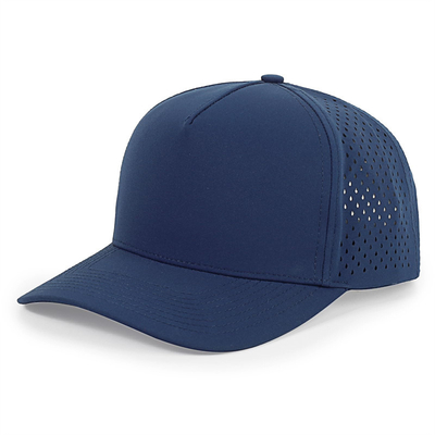 Großhandel 5 Panel Blaue Baseballkappe Custom Laser-Schnitt Loch Gorras Golf wasserdichte Polyester-Sporthut