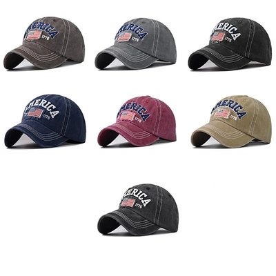 Großhandel 6 Panel Baseballkappen Custom 3d amerikanische Stickerei Logo gewaschen Baumwolle Papa Hüte