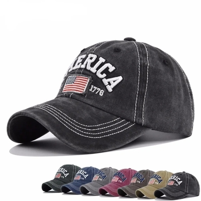 Großhandel 6 Panel Baseballkappen Custom 3d amerikanische Stickerei Logo gewaschen Baumwolle Papa Hüte