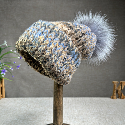 Frauen Neue Wolle Kaninchen Fell Fell Pompom Hut Ölmalerei Stil Outdoor Warm Skullies Beanie Wintermütze