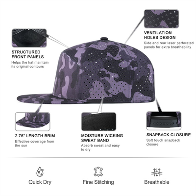 Maßgeschneiderte Snapback-Kappe Verstellbare Leistung Laser-Schnitt-Loch Perforierter Snapback-Kappe