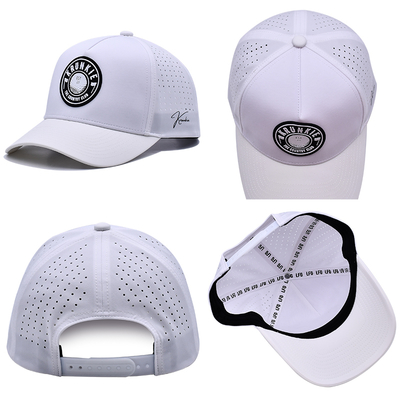OEM Custom 5 Panel Gummi PVC Logo Lasergeschnittene Lochung Perforierte Sport Performance Dad Hat, Weiße Wasserfeste UV-beständige Baseballkappe