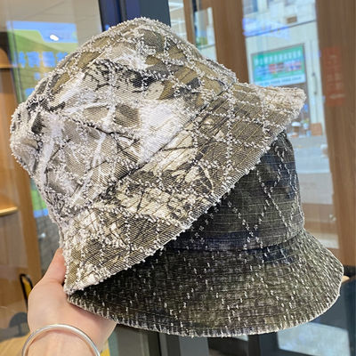 Heißer Verkauf Frühling und Herbst Neue Flat Top Fransen Denim Suquin Plaid Stickerei Benutzerdefinierte Bucket Hat Stickerei Logo Fischerhut