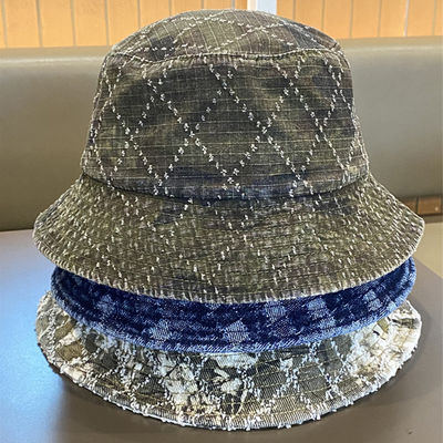 Heißer Verkauf Frühling und Herbst Neue Flat Top Fransen Denim Suquin Plaid Stickerei Benutzerdefinierte Bucket Hat Stickerei Logo Fischerhut