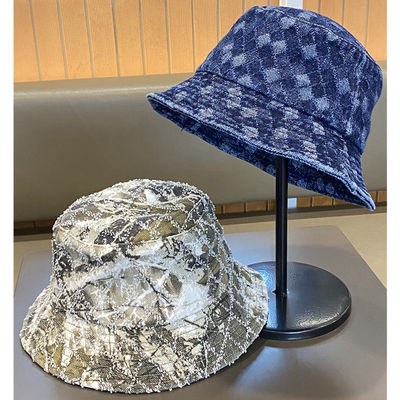 Heißer Verkauf Frühling und Herbst Neue Flat Top Fransen Denim Suquin Plaid Stickerei Benutzerdefinierte Bucket Hat Stickerei Logo Fischerhut
