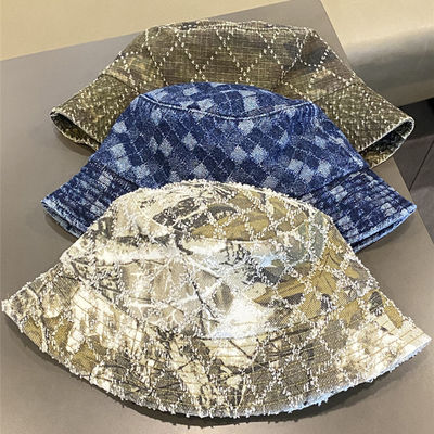 Heißer Verkauf Frühling und Herbst Neue Flat Top Fransen Denim Suquin Plaid Stickerei Benutzerdefinierte Bucket Hat Stickerei Logo Fischerhut