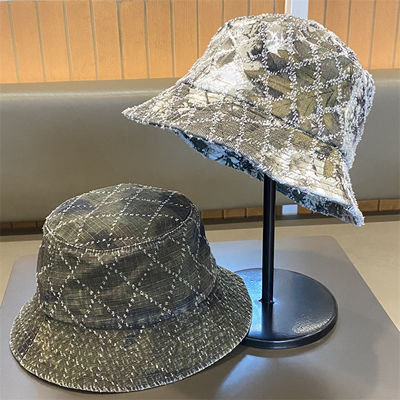 Heißer Verkauf Frühling und Herbst Neue Flat Top Fransen Denim Suquin Plaid Stickerei Benutzerdefinierte Bucket Hat Stickerei Logo Fischerhut