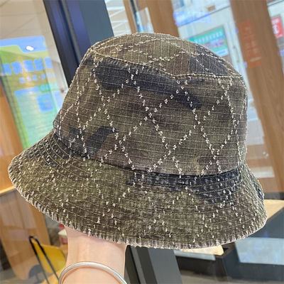 Heißer Verkauf Frühling und Herbst Neue Flat Top Fransen Denim Suquin Plaid Stickerei Benutzerdefinierte Bucket Hat Stickerei Logo Fischerhut