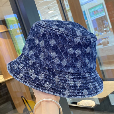 Heißer Verkauf Frühling und Herbst Neue Flat Top Fransen Denim Suquin Plaid Stickerei Benutzerdefinierte Bucket Hat Stickerei Logo Fischerhut