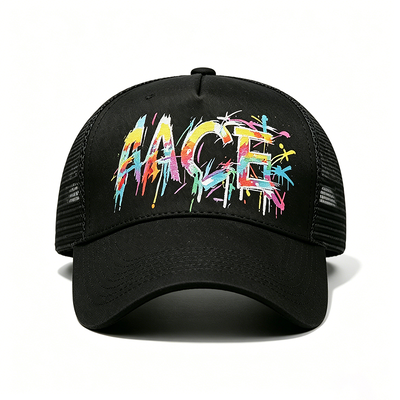 Adjustable Snapback Trucker Cap Digital Heat Transfer Graffiti Pattern Front Panel Mesh Back Hat Perfect for Outdoor Activities Company Branding