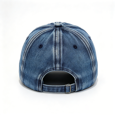 Distressed Vintage Denim Dad Hat Raised Embroidery Hand Wash Recommended Adjustable Strap For Different Head Sizes