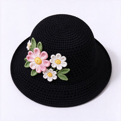 20 Jahre Erfahrung in der Kappe 3D Floral Applique Crochet Bucket Hut aus Baumwollgarn geeignet für Reisen Strand Alltags Streetwear