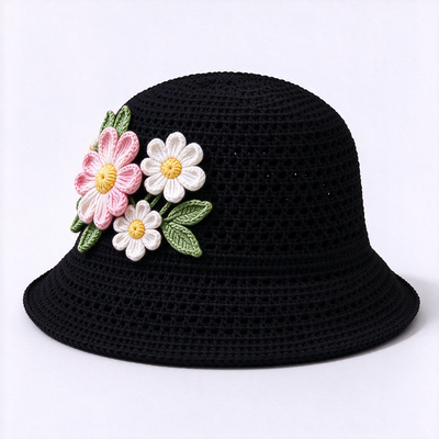 20 Jahre Erfahrung in der Kappe 3D Floral Applique Crochet Bucket Hut aus Baumwollgarn geeignet für Reisen Strand Alltags Streetwear