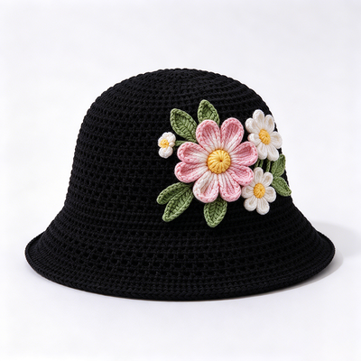 20 Jahre Erfahrung in der Kappe 3D Floral Applique Crochet Bucket Hut aus Baumwollgarn geeignet für Reisen Strand Alltags Streetwear