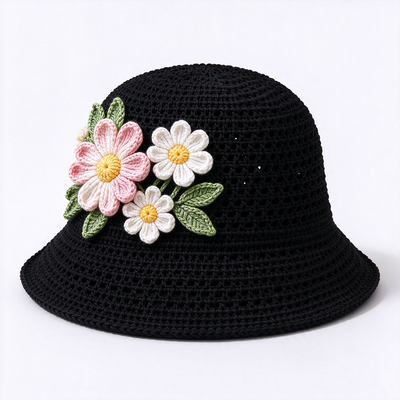20 Jahre Erfahrung in der Kappe 3D Floral Applique Crochet Bucket Hut aus Baumwollgarn geeignet für Reisen Strand Alltags Streetwear